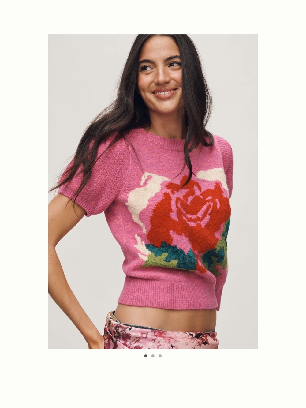Anthropologie Pink Floral Intarsia Short-Sleeve Sweater